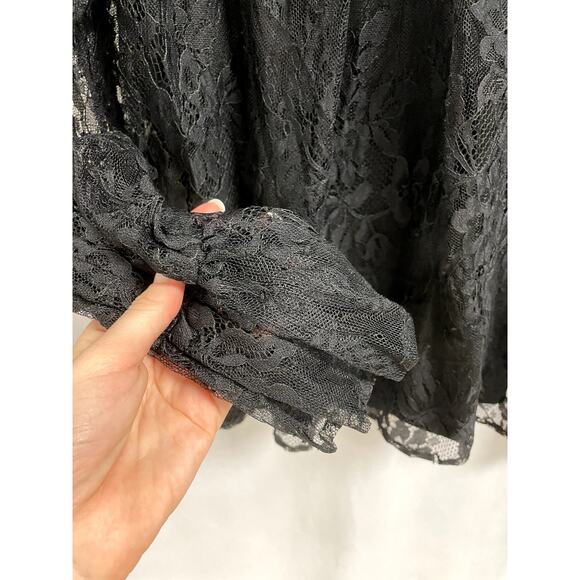 NEW AQUA Puff Sleeve Lace Blouse High Neck Pleated Sheer in Black Women's M - Picture 3 of 8